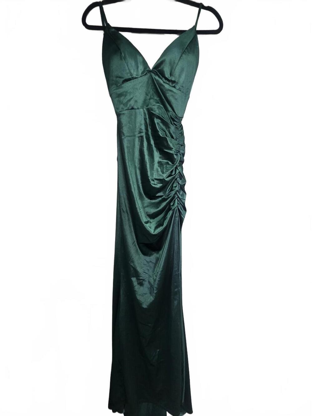 SHEIN Dark Green Satin Ruched Maxi Dress, US 4